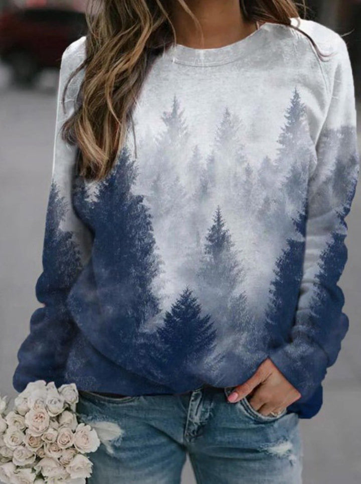 Landscape Print Long-sleeved Round Neck Casual Sweater