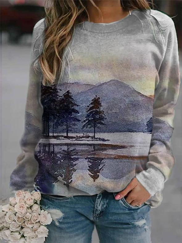 Landscape Print Long-sleeved Round Neck Casual Sweater